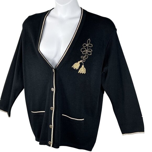 Talbots Womens XL Black Wool Cardigan Gold Embroidery Italy Made Button Up Artsy - Picture 7 of 16